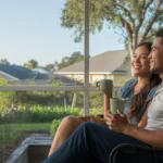 Couple enjoying morning coffee on screened porch in Winter Garden, FL suburb