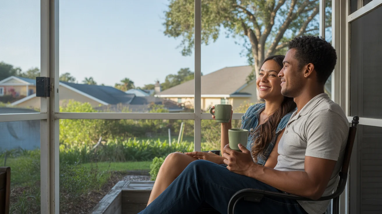 Couple enjoying morning coffee on screened porch in Winter Garden, FL suburb