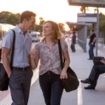 Two coworkers chat on a transit platform in Tampa at dusk, with a HART bus approaching in the background