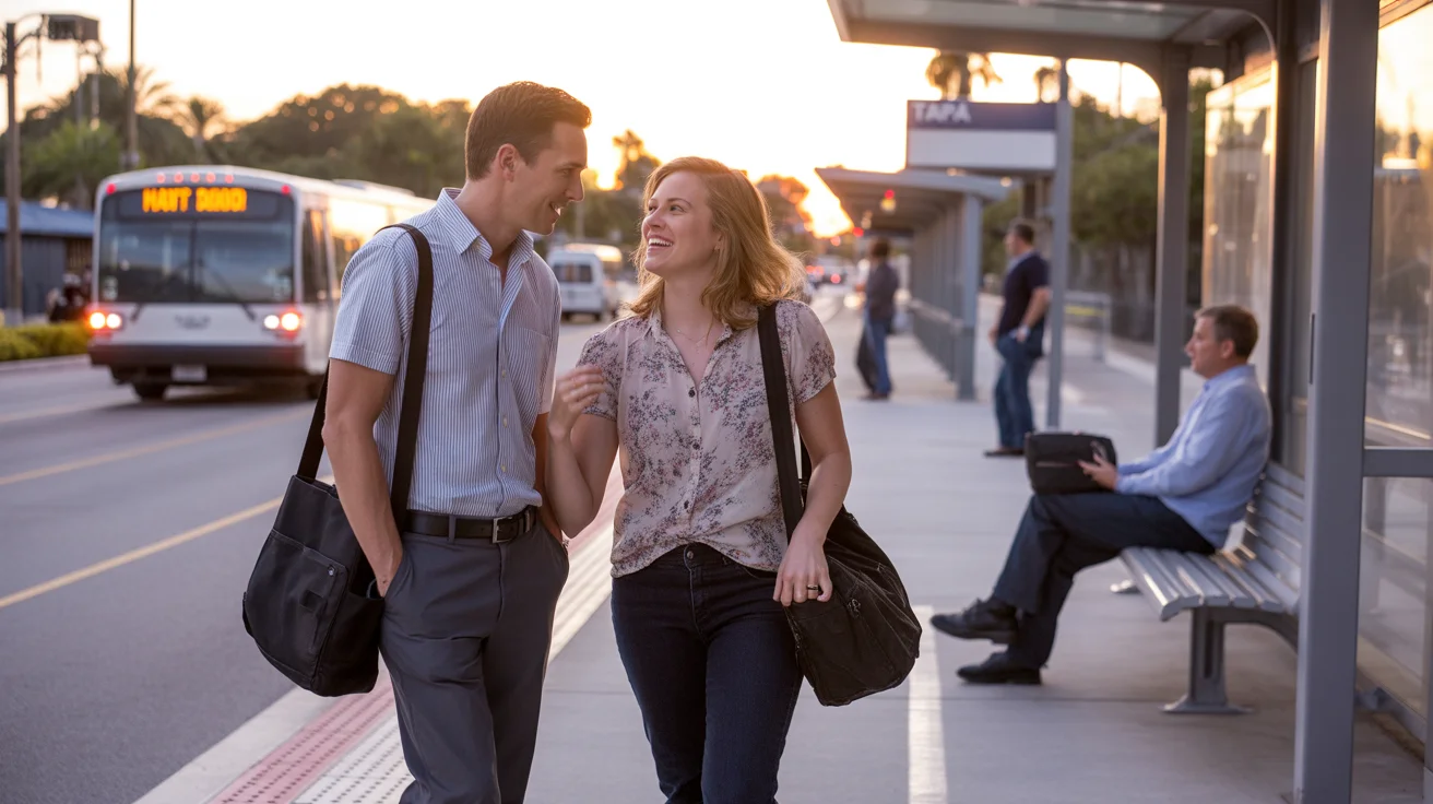 Two coworkers chat on a transit platform in Tampa at dusk, with a HART bus approaching in the background