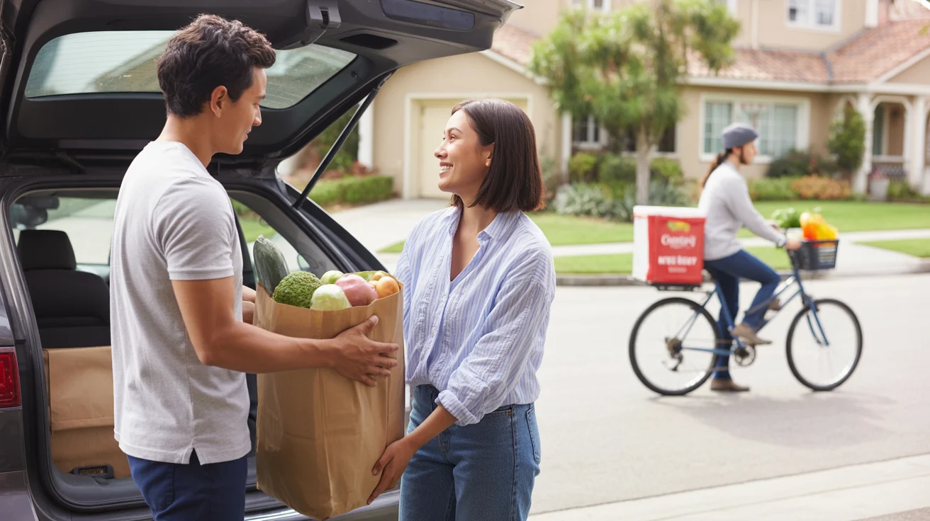 Couple unloading groceries from car outside Irvine home