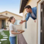 Neighbors waving to each other from house porch and apartment balcony in North Las Vegas