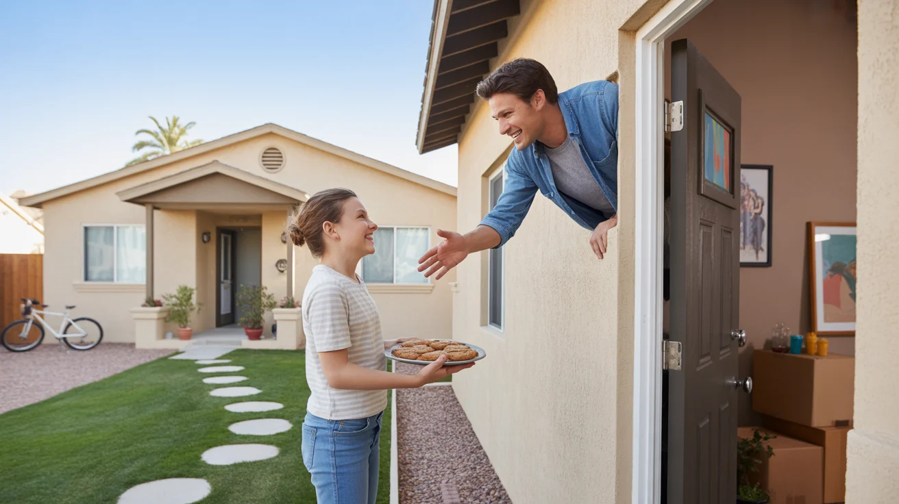 Neighbors waving to each other from house porch and apartment balcony in North Las Vegas