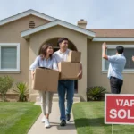 Couple carrying boxes into their new home in San Bernardino, CA