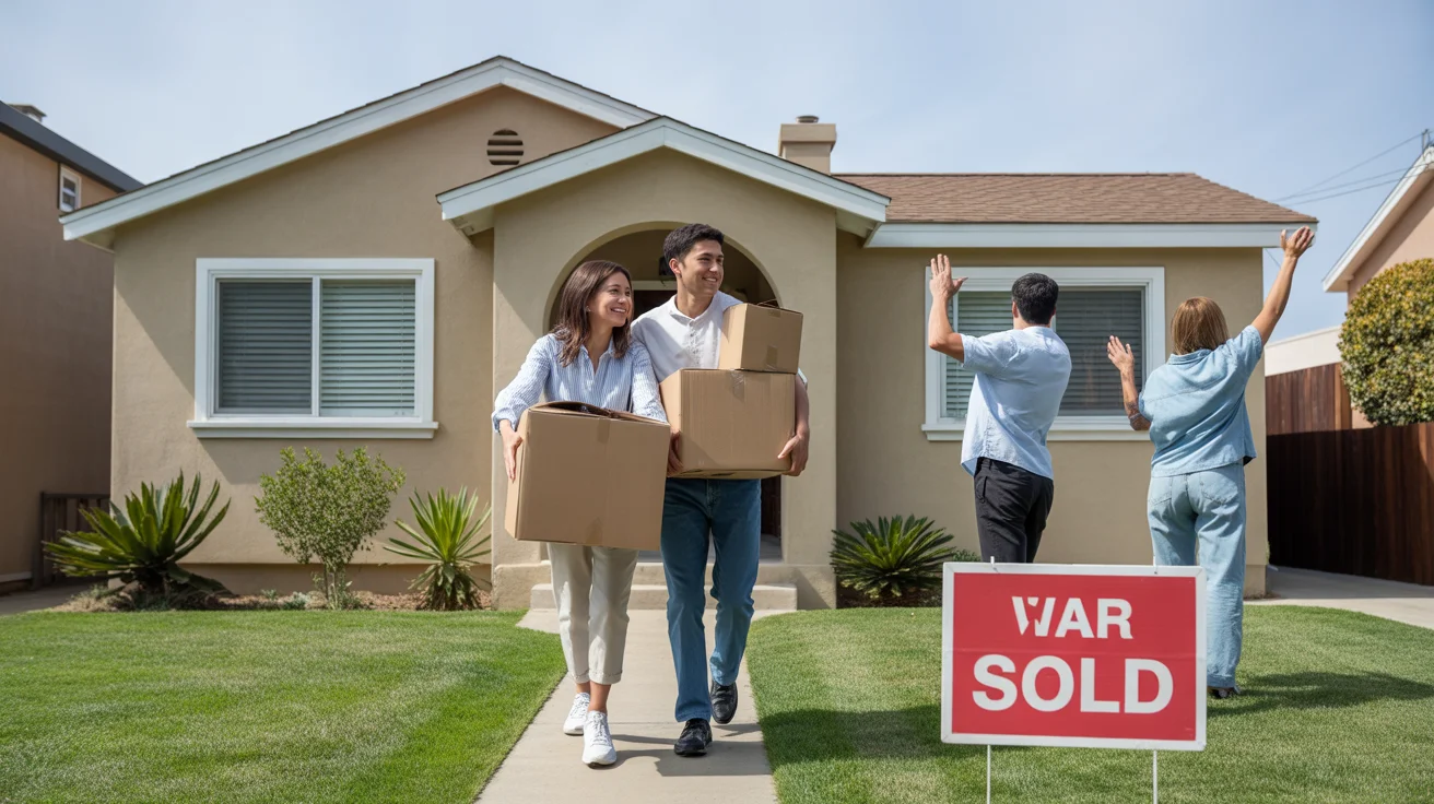 Couple carrying boxes into their new home in San Bernardino, CA