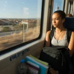 Teenage girl wearing earbuds sitting by the window on a Valley Metro light rail train in Henderson, NV