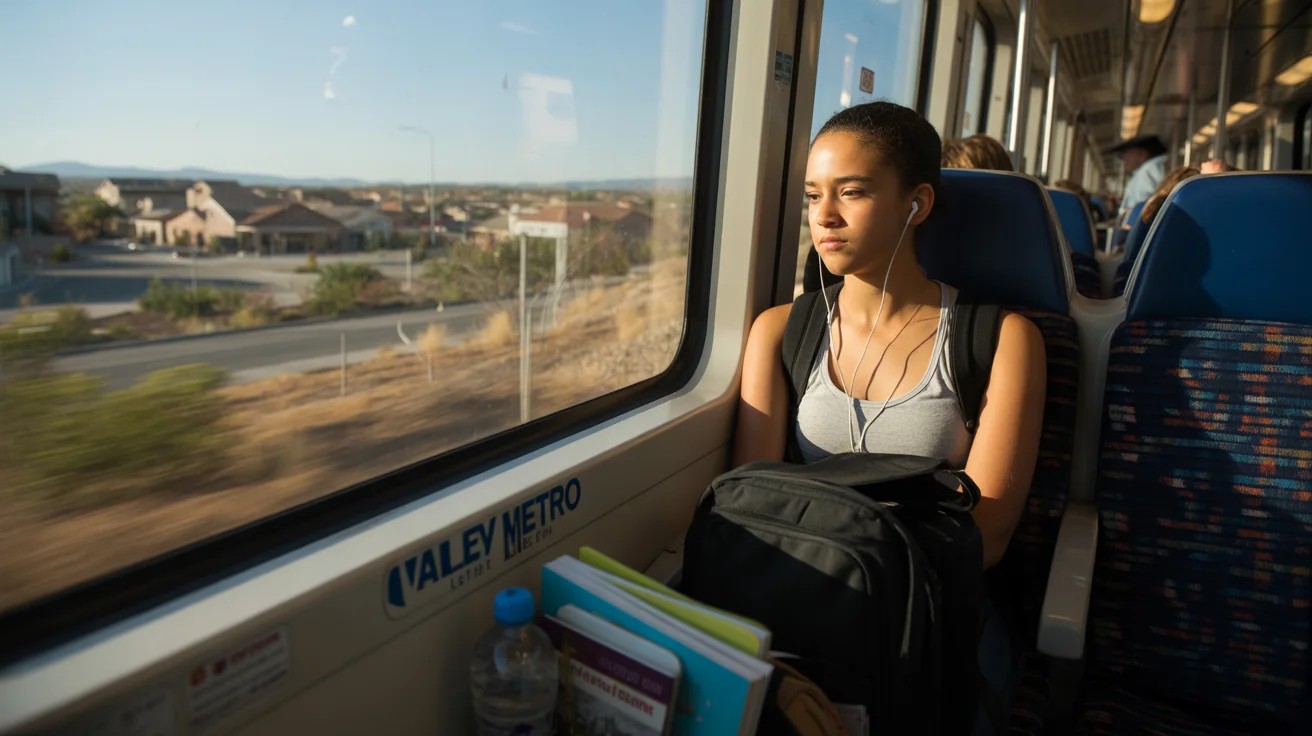 Teenage girl wearing earbuds sitting by the window on a Valley Metro light rail train in Henderson, NV