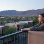 Person relaxing on apartment balcony overlooking Henderson, Nevada at sunset