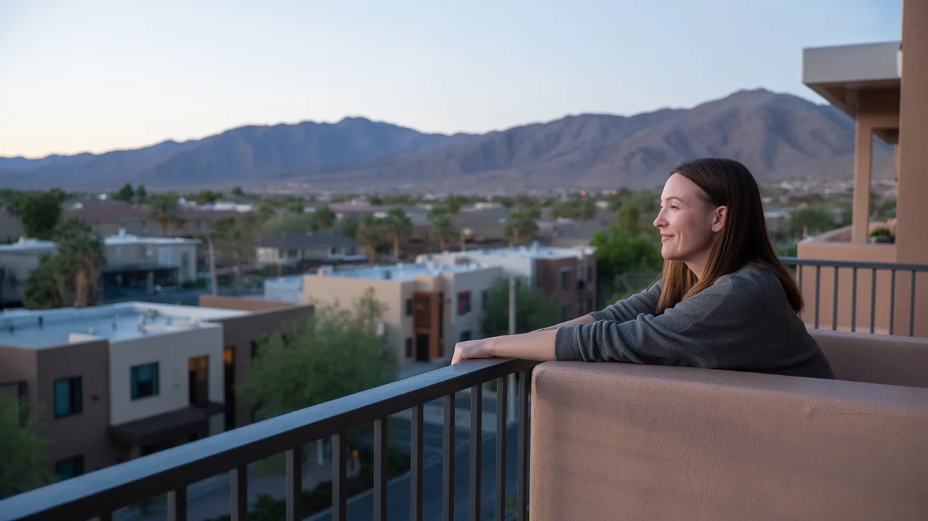 Person relaxing on apartment balcony overlooking Henderson, Nevada at sunset