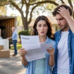 Couple reviewing unexpected fees and HOA violation during move-in day at their new Brandon, FL home