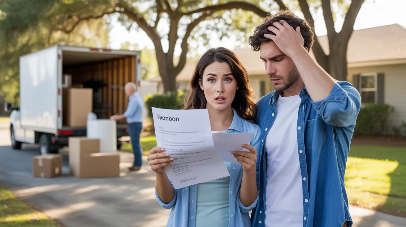 Couple reviewing unexpected fees and HOA violation during move-in day at their new Brandon, FL home