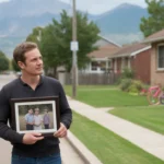 Man holding family photo while standing in front of suburban house in Westminster, Colorado