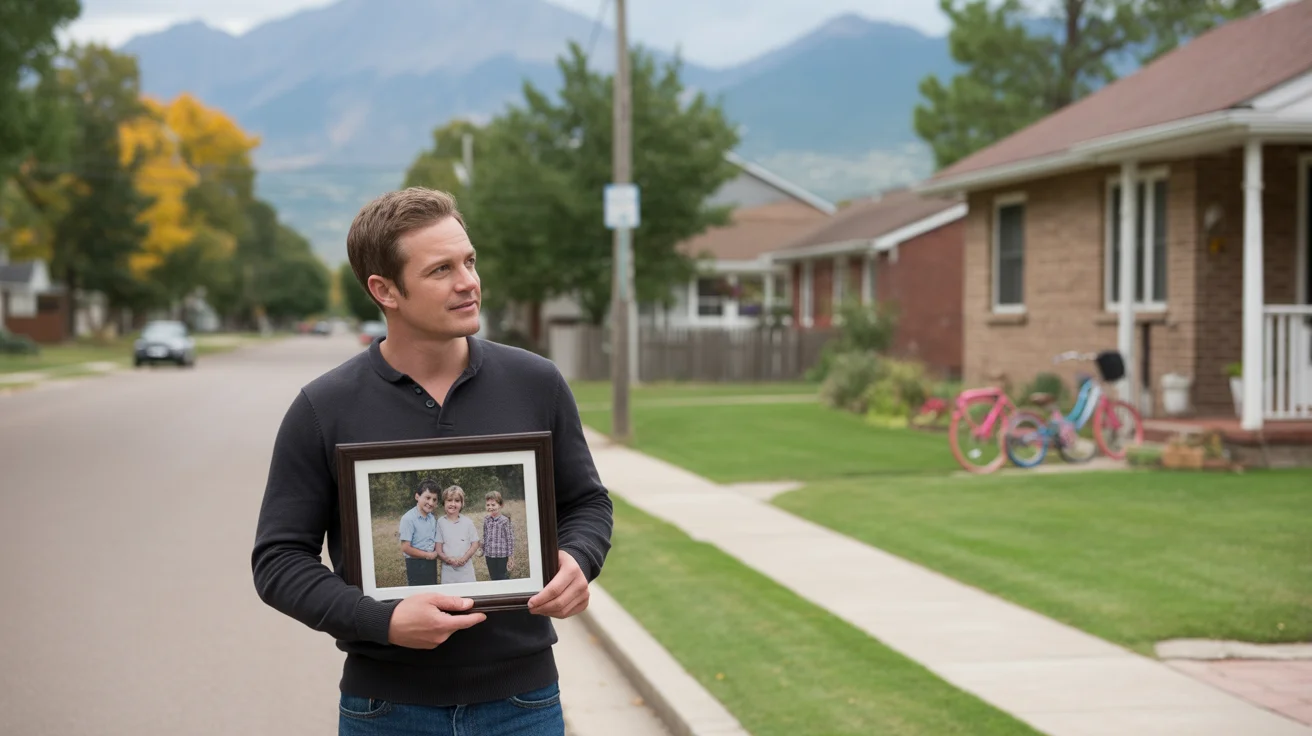 Man holding family photo while standing in front of suburban house in Westminster, Colorado