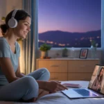 Woman in bedroom watching streaming video on laptop at night
