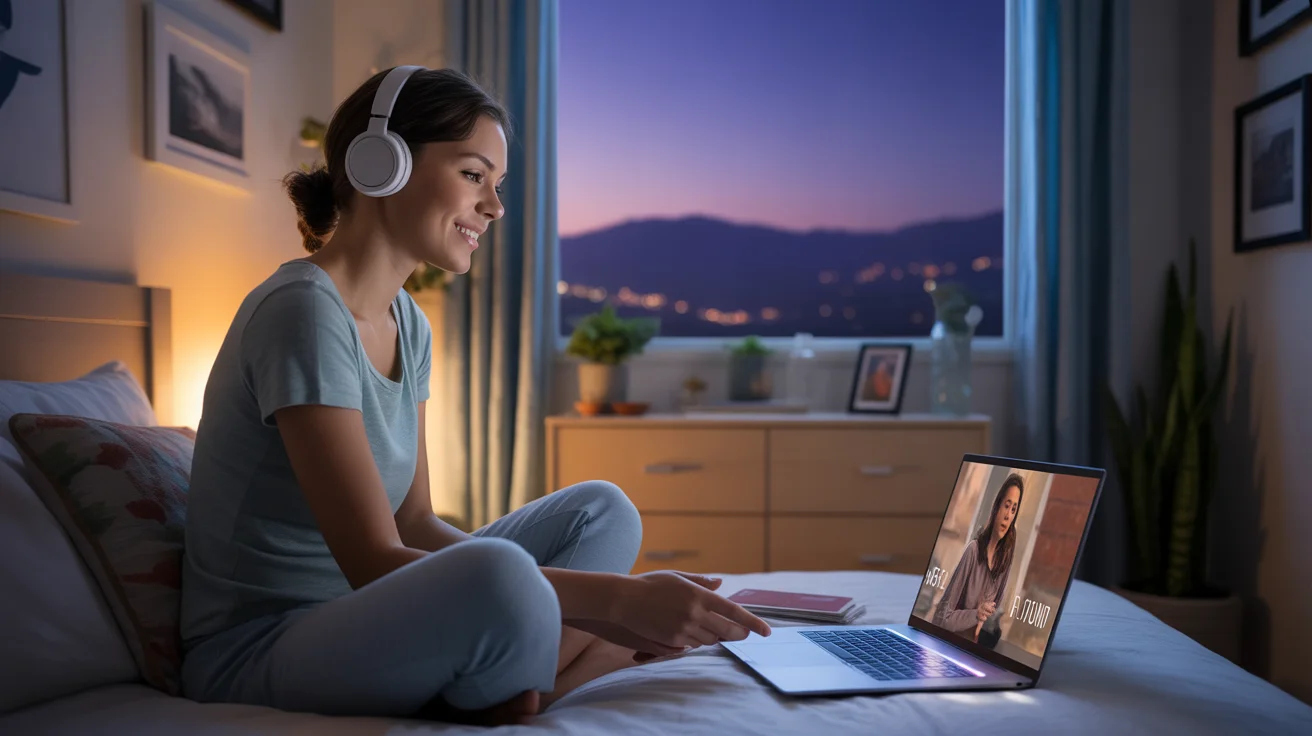 Woman in bedroom watching streaming video on laptop at night