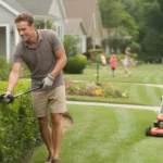 A man trimming hedges in front of his suburban Raleigh home while a neighbor mows her lawn across the street.
