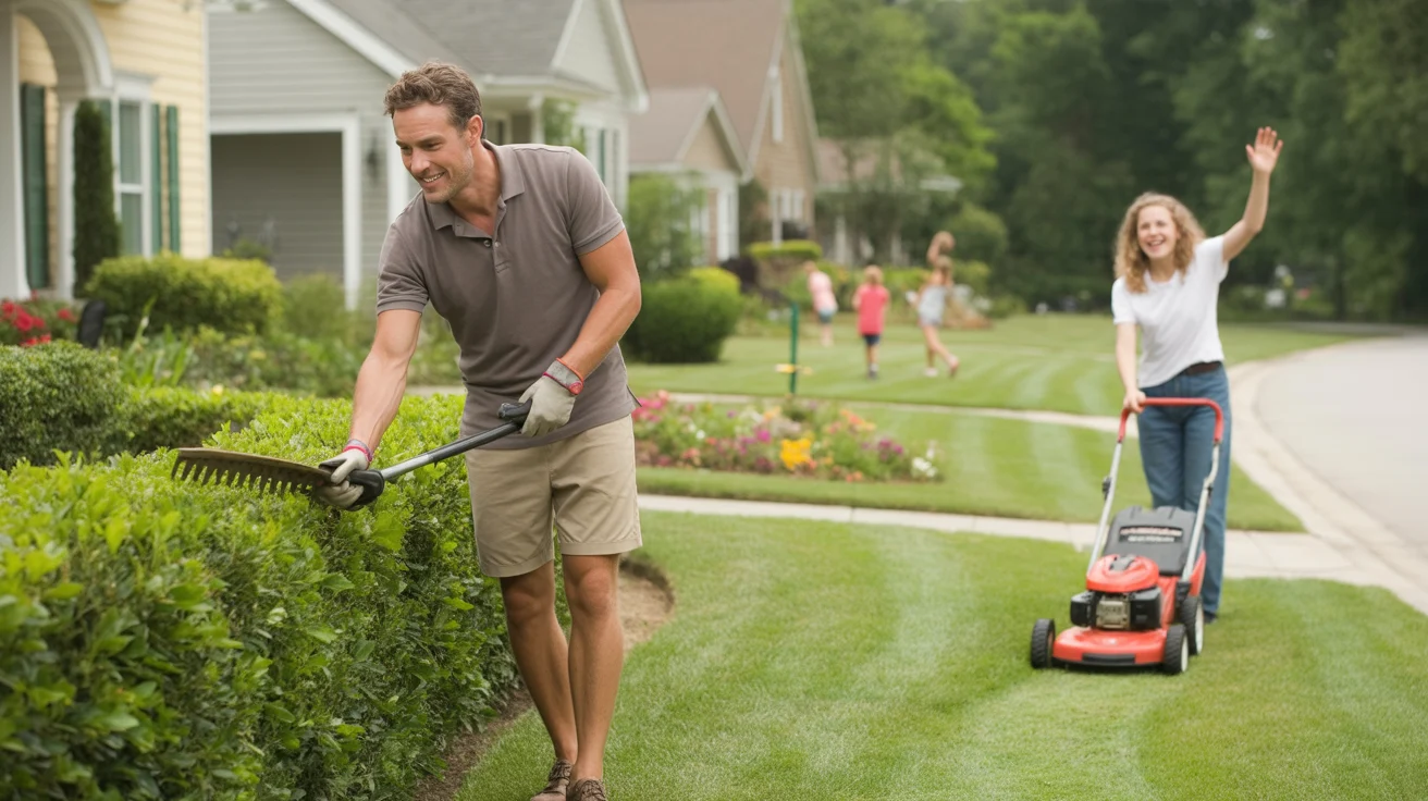 A man trimming hedges in front of his suburban Raleigh home while a neighbor mows her lawn across the street.