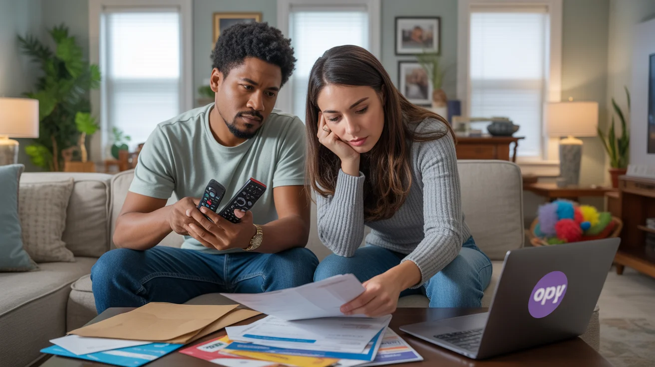 Couple in Georgetown, TX living room reviewing streaming service options and monthly bills