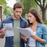 Couple reviewing bills and parking ticket in front of new Lakewood home