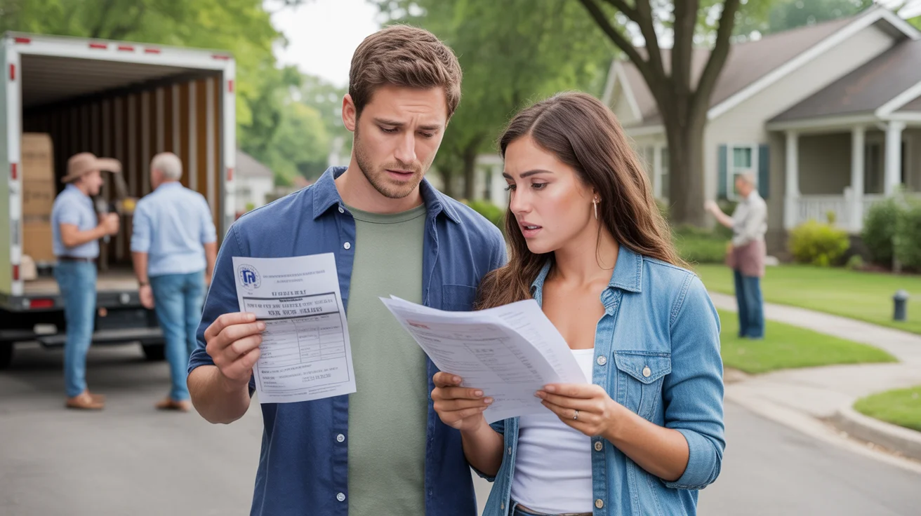 Couple reviewing bills and parking ticket in front of new Lakewood home