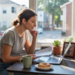 Woman reviewing monthly budget at kitchen table in Roswell apartment