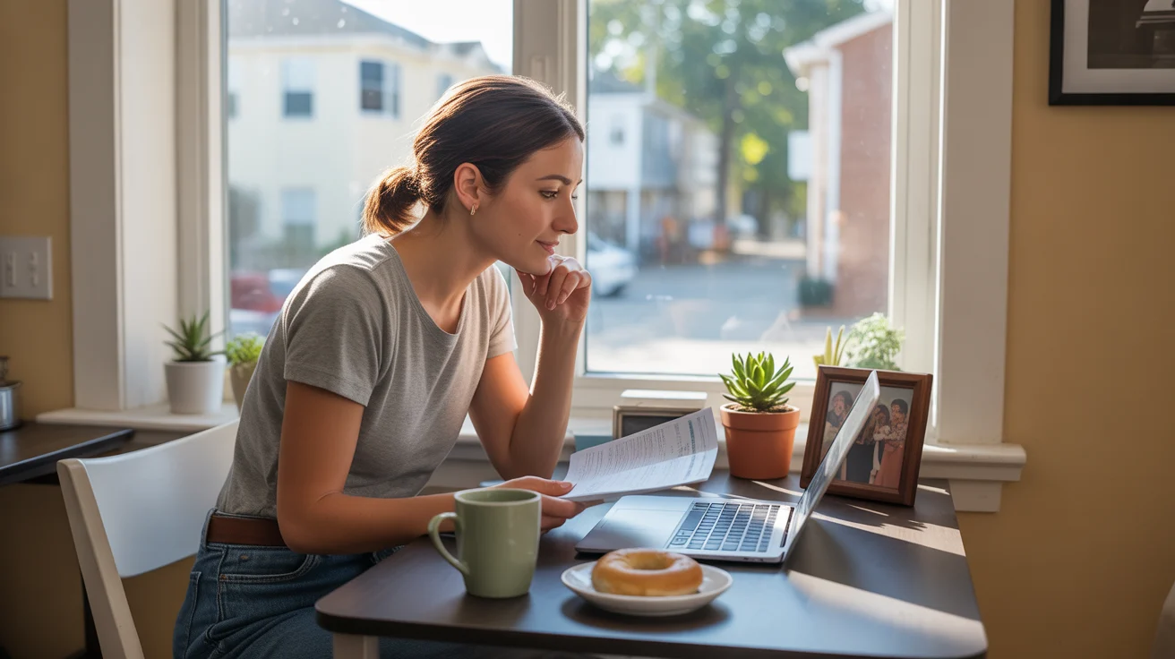Woman reviewing monthly budget at kitchen table in Roswell apartment