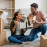 Couple eating takeout while unpacking in their new Marietta apartment