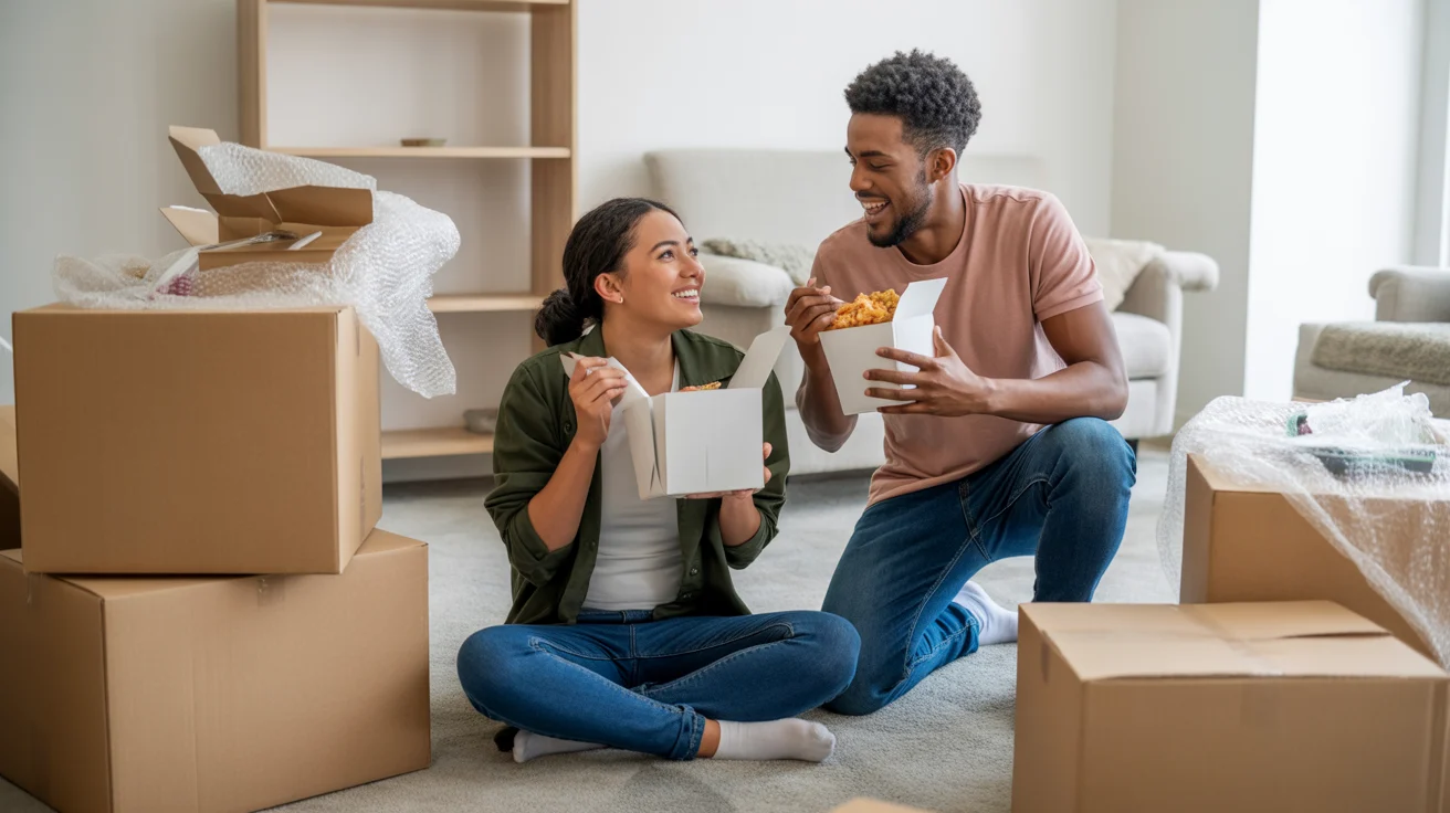 Couple eating takeout while unpacking in their new Marietta apartment