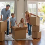Family unpacking after moving into a new home in Fullerton, California