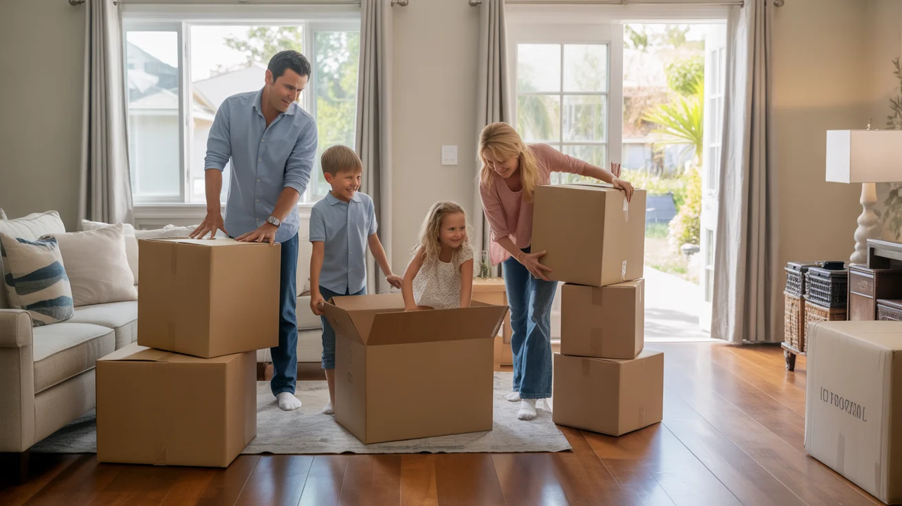 Family unpacking after moving into a new home in Fullerton, California