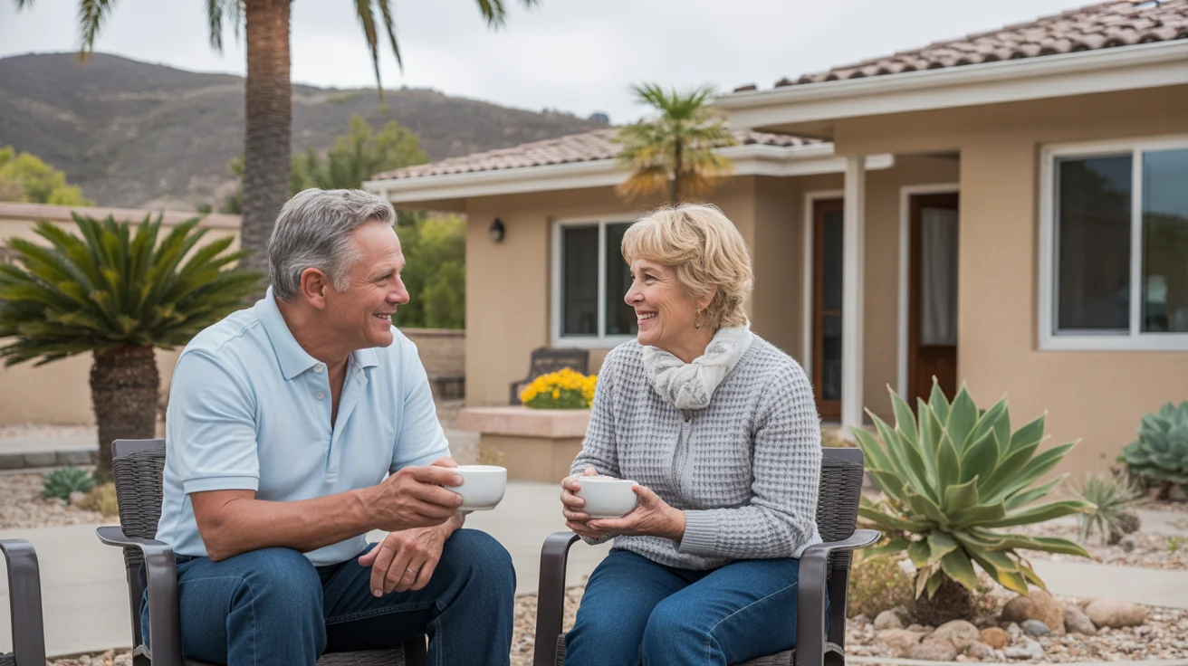 Retired couple having coffee on the patio of their Murrieta home