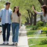 Couple walking dog in quiet Spring Valley neighborhood