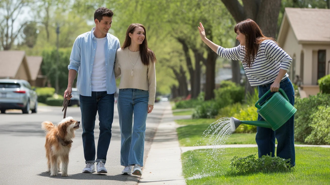 Couple walking dog in quiet Spring Valley neighborhood