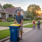 A man rolls a recycling bin to the curb in front of matching suburban homes in Naperville, IL at sunset.