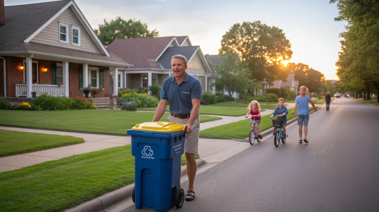 A man rolls a recycling bin to the curb in front of matching suburban homes in Naperville, IL at sunset.