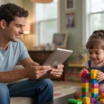 Father relaxes in recliner while young daughter plays with blocks on living room floor in Brandon, FL home