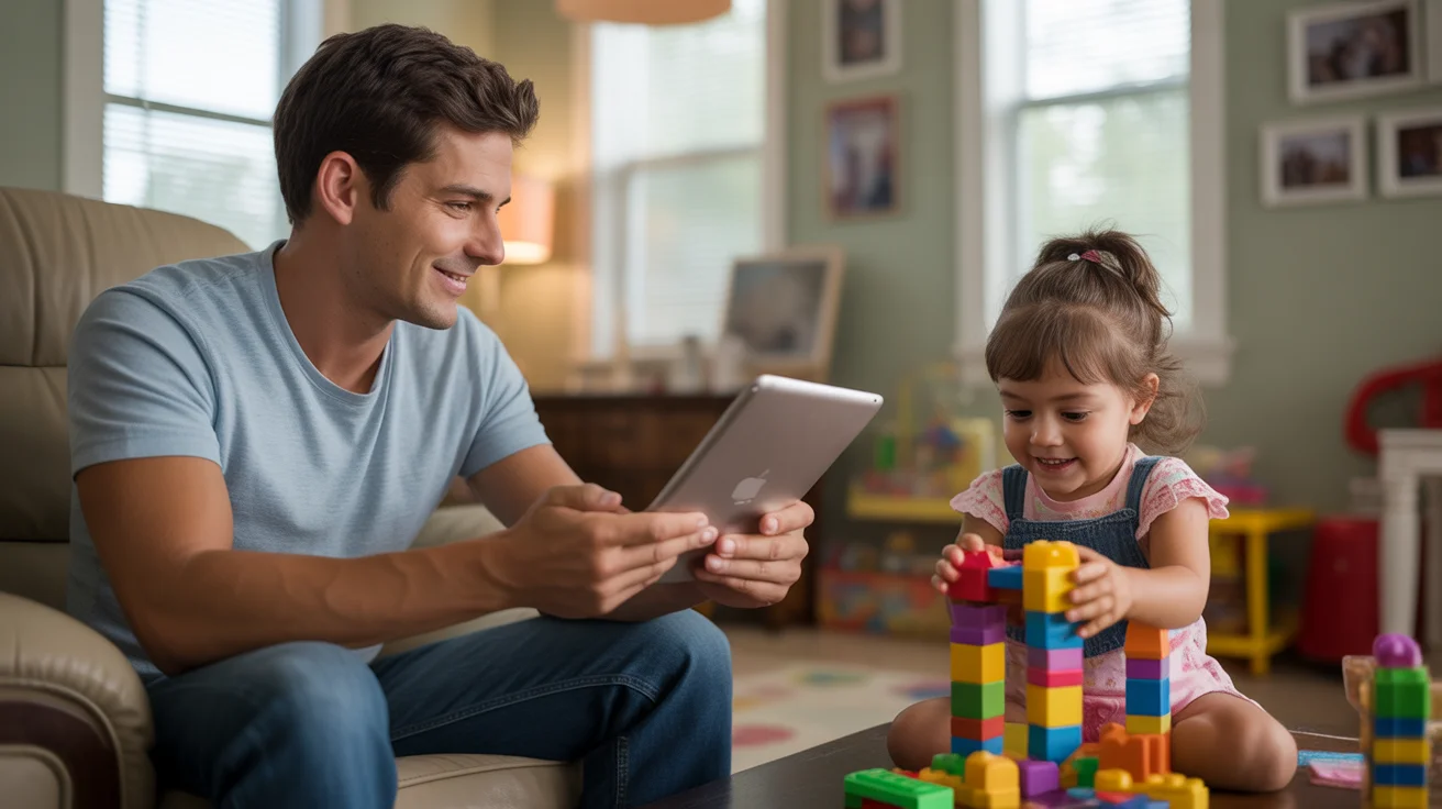 Father relaxes in recliner while young daughter plays with blocks on living room floor in Brandon, FL home
