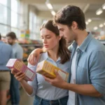 Couple comparing cereal prices in grocery store aisle