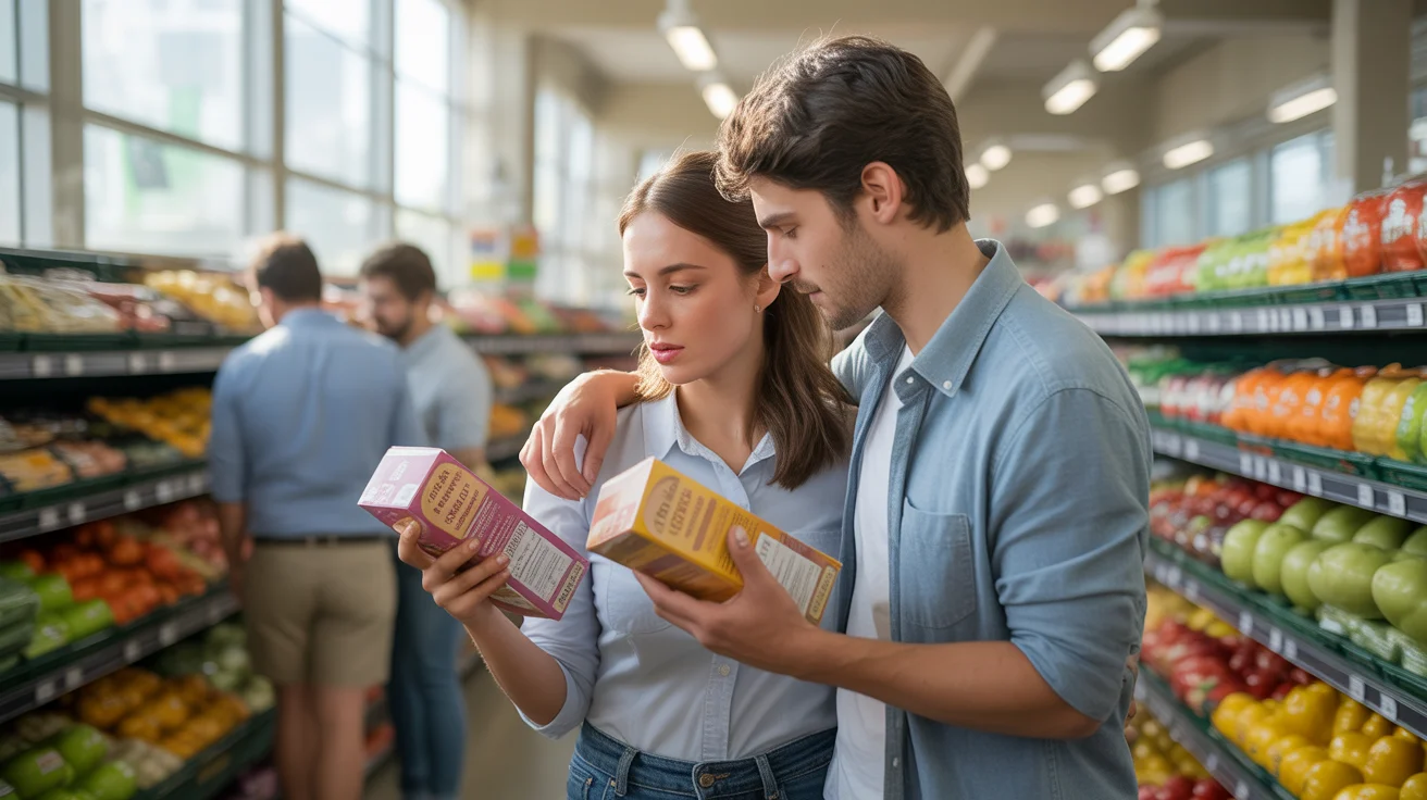 Couple comparing cereal prices in grocery store aisle