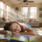 Young girl napping on living room couch under ceiling fan on summer day in Apex, NC home