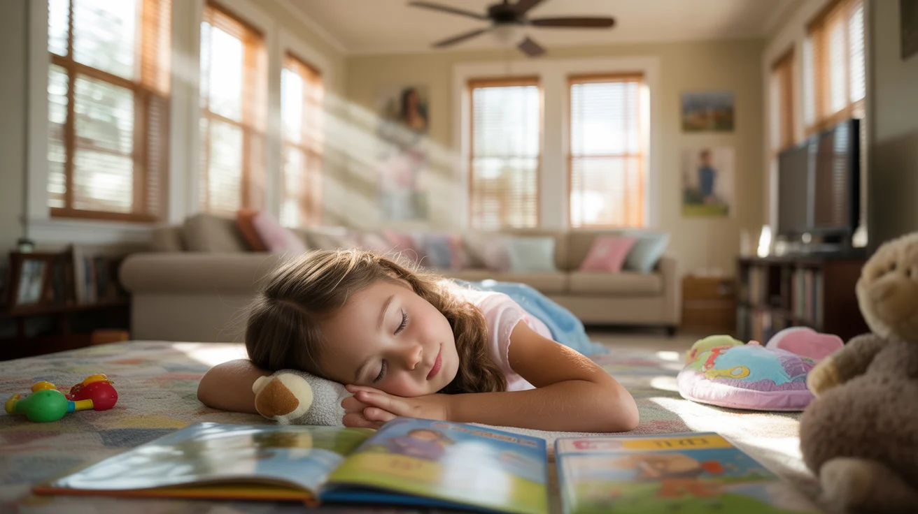 Young girl napping on living room couch under ceiling fan on summer day in Apex, NC home