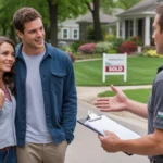 A couple consults with a landscaper outside their new Naperville home