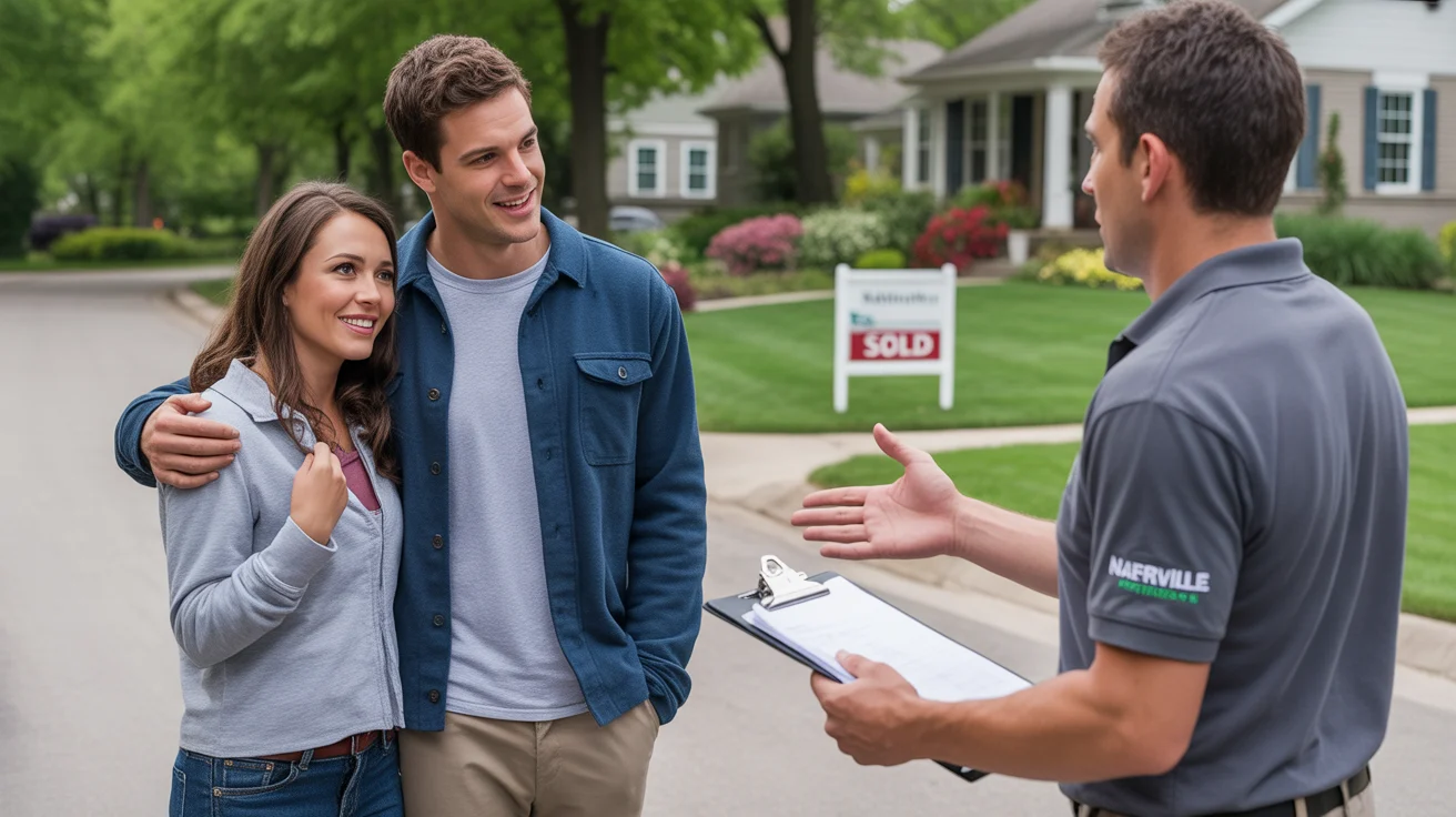 A couple consults with a landscaper outside their new Naperville home