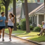 A couple jogging past starter homes on a quiet street in Cary, North Carolina