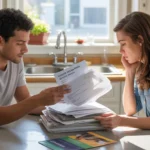 Couple reviewing utility bills and fees in their Durham kitchen after moving