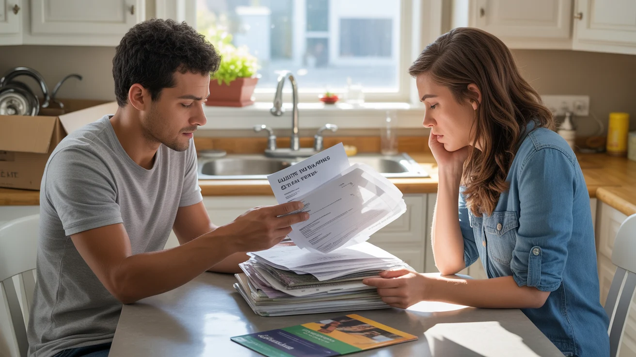 Couple reviewing utility bills and fees in their Durham kitchen after moving