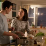 Couple cooking dinner together in Durham apartment kitchen