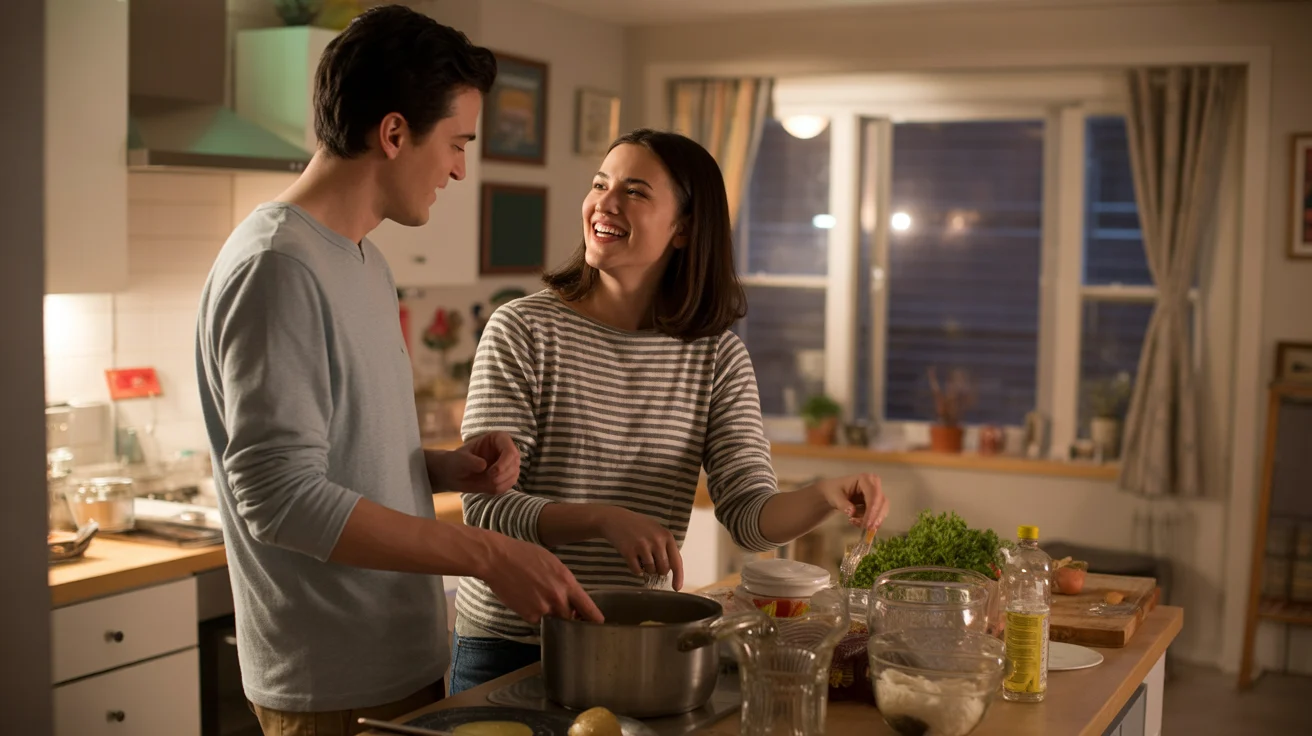 Couple cooking dinner together in Durham apartment kitchen