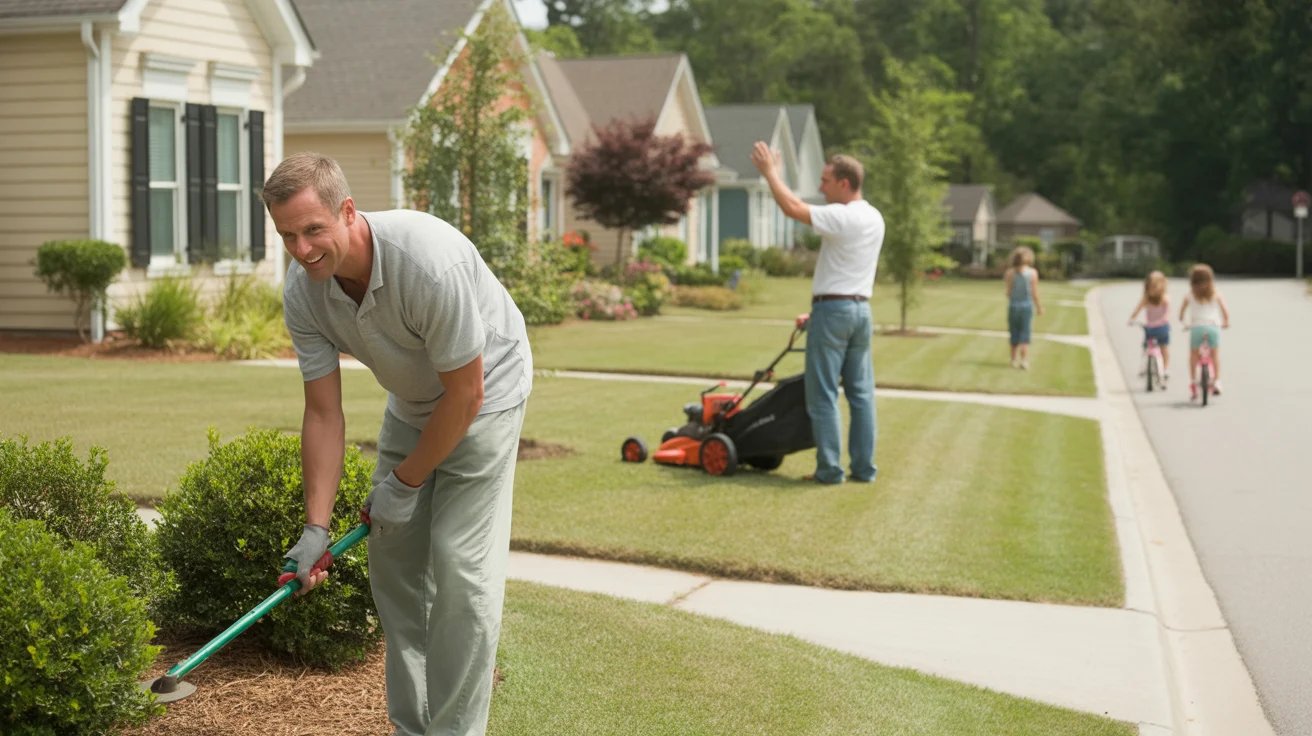 Homeowner trimming shrubs in front of suburban house while neighbor mows lawn across street in Rock Hill, SC neighborhood