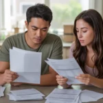 Couple reviewing utility bills and fees in Broomfield home kitchen